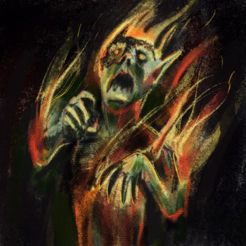 pastel drawing of a goblin on fire